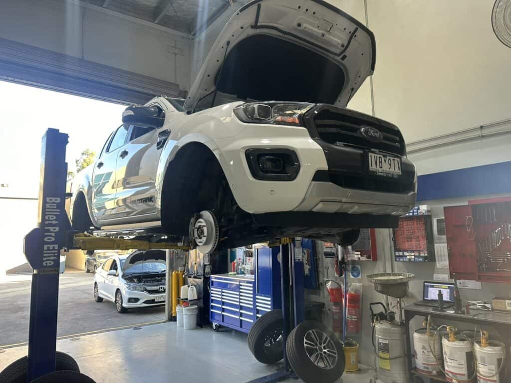 roadworthy certificate ravenhall ford ranger on the hoist